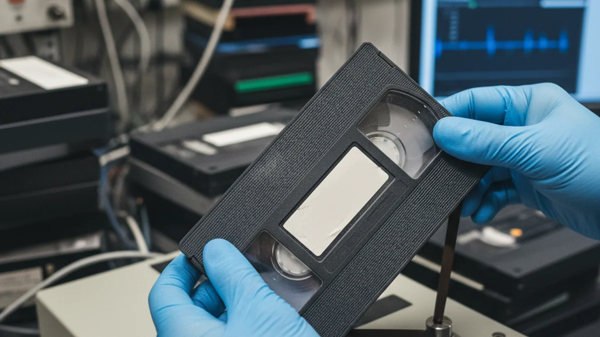 Una mà manipulant una cinta de vídeo VHS antiga en un entorn de laboratori d'arxiu per a la seva digitalització.