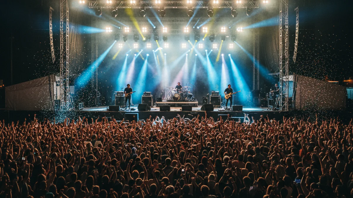 Imatge genèrica d'un escenari de festival de música a l'aire lliure amb una multitud borrosa al capvespre.