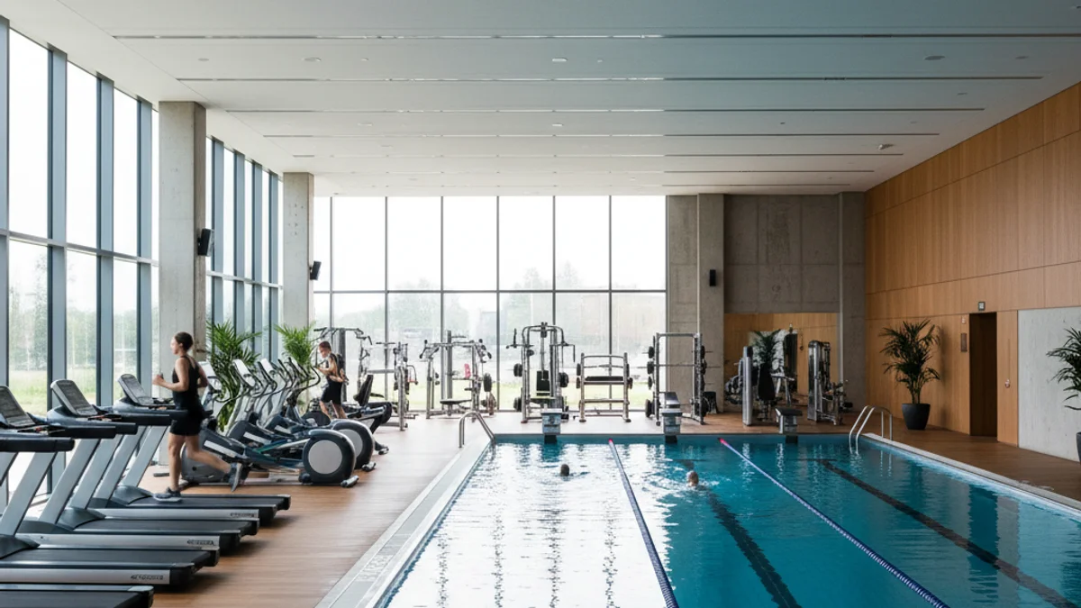 Imatge genèrica d'una zona de fitness o piscina en un centre esportiu, amb figures borroses.