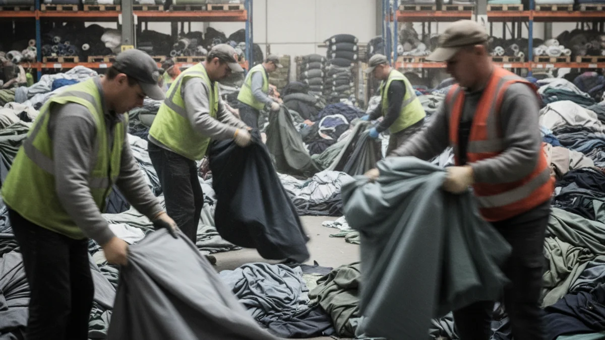 Imatge genèrica de persones treballant en un magatzem de reciclatge de roba o en un servei de càtering.