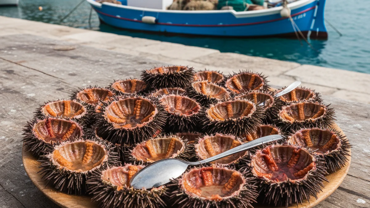 Imatge d'un plat de garoines (eriçons de mar) sobre una taula rústica amb el fons costaner de Palafrugell.
