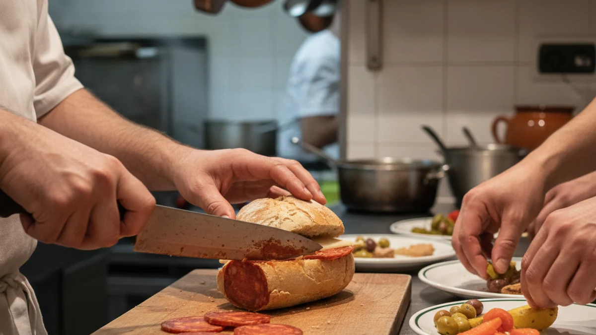 Imatge de mans preparant plats tradicionals balears, com llonguets o sobrassada, en un ambient de cuina de restaurant.