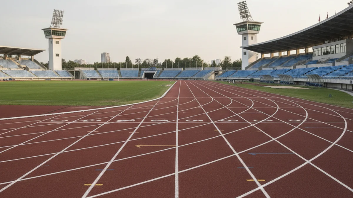 Vista d'una pista d'atletisme de vuit carrils amb grades buides, sota una llum neutra.
