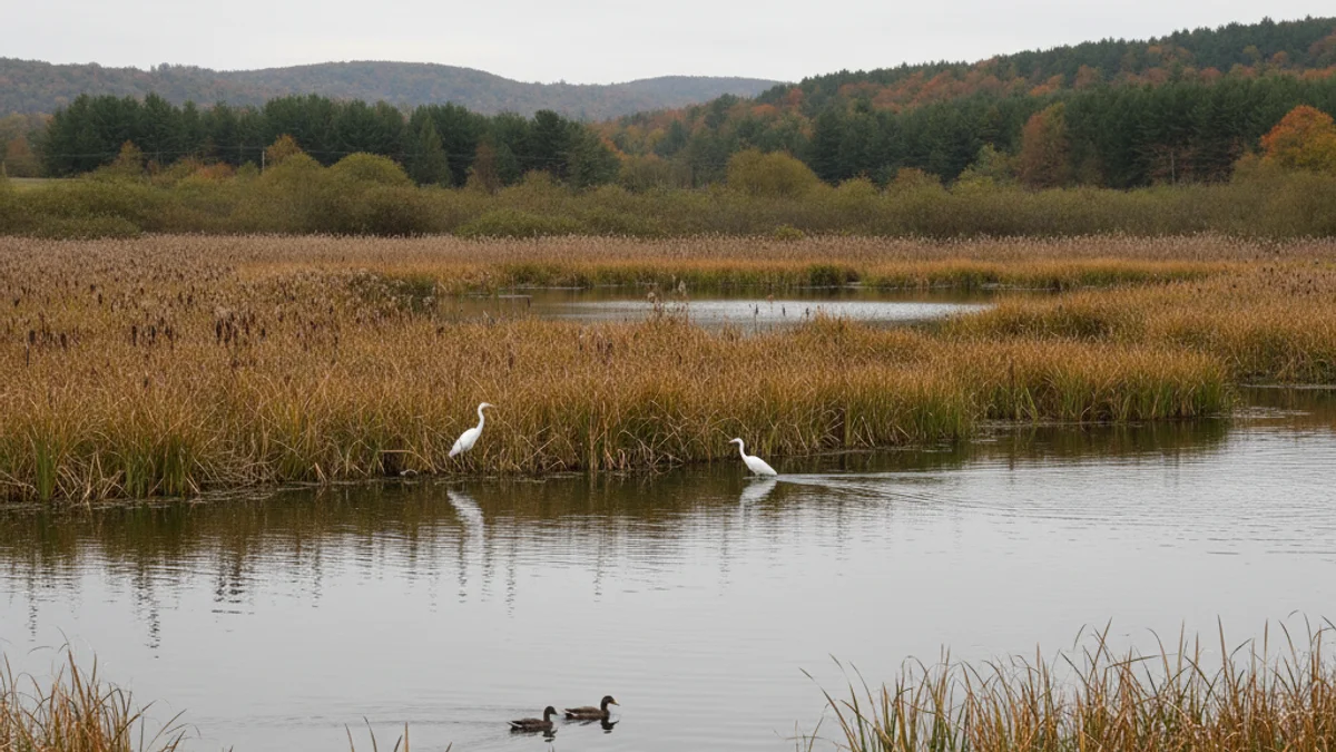 Vista panoràmica d'un estany d'aigua dolça amb vegetació de ribera i aus aquàtiques en un parc natural.