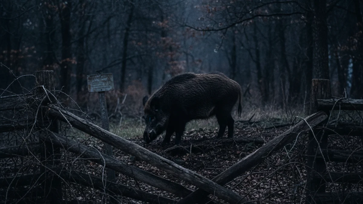 Imagen genérica de un jabalí en un entorno boscoso, o de un cartel de acceso restringido a un parque natural.