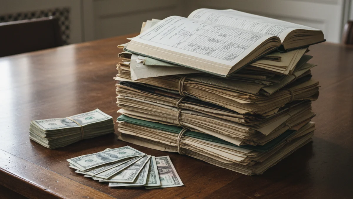 Documents financers o llibres de comptes sobre una taula de fusta, simbolitzant el deute públic i la liquiditat.