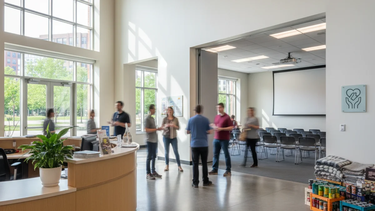 Representació abstracta de la inclusió social, potser mans que s'uneixen o siluetes en un espai comunitari.