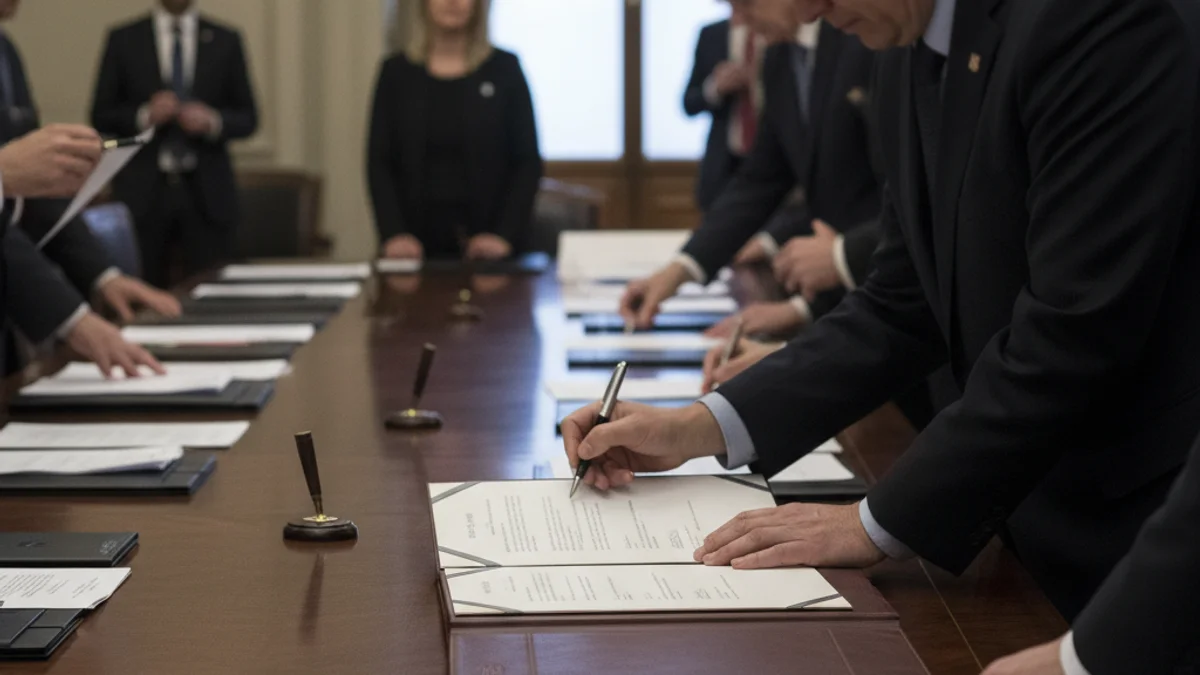 Representació visual d'un acord institucional, amb documents i figures borroses en un entorn de signatura.