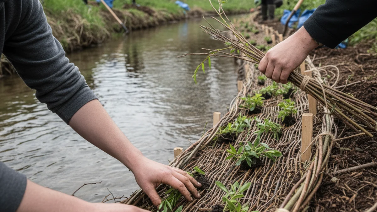 Imatge genèrica de treballs de restauració fluvial, mostrant vegetació autòctona plantada a la riba d'un rierol.