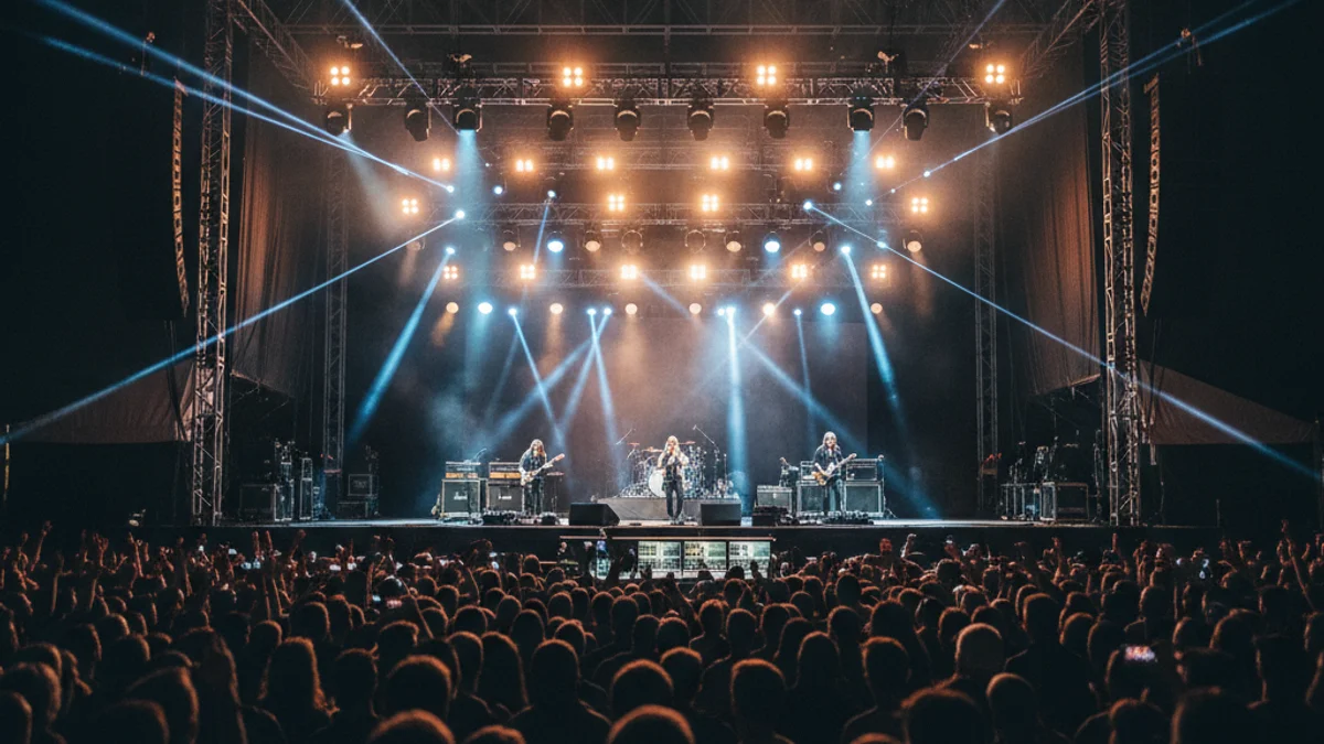Escenari de festival de música amb siluetes d'una multitud i llums de colors a la nit.