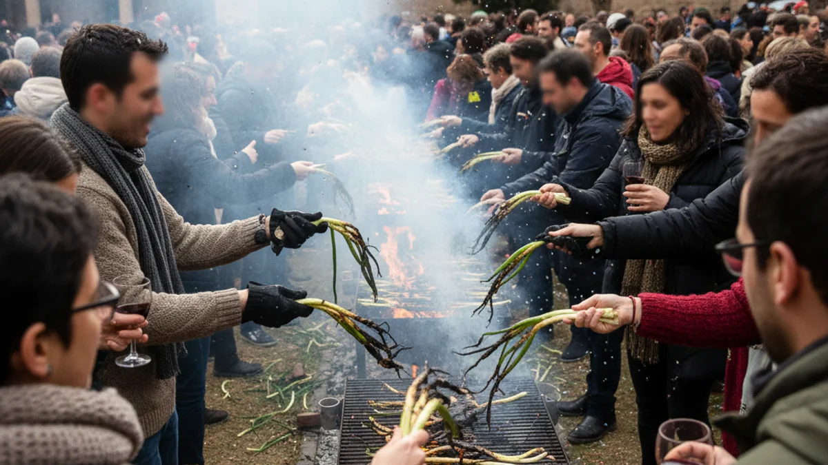 Imatge genèrica d'una calçotada popular amb fum i gent menjant en un ambient festiu.