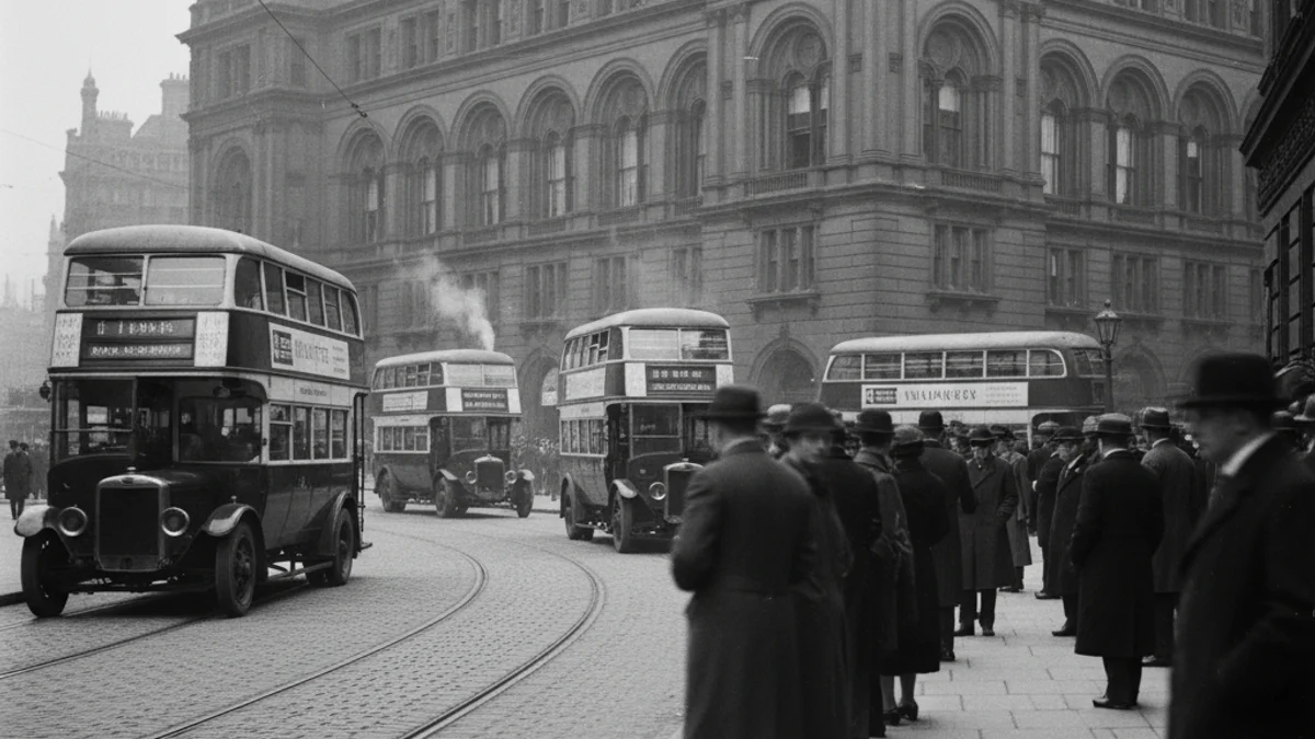 Fotografia històrica de la Gran Via de Barcelona amb tramvies i autobusos de dos pisos al davant de l'edifici de la Universitat.