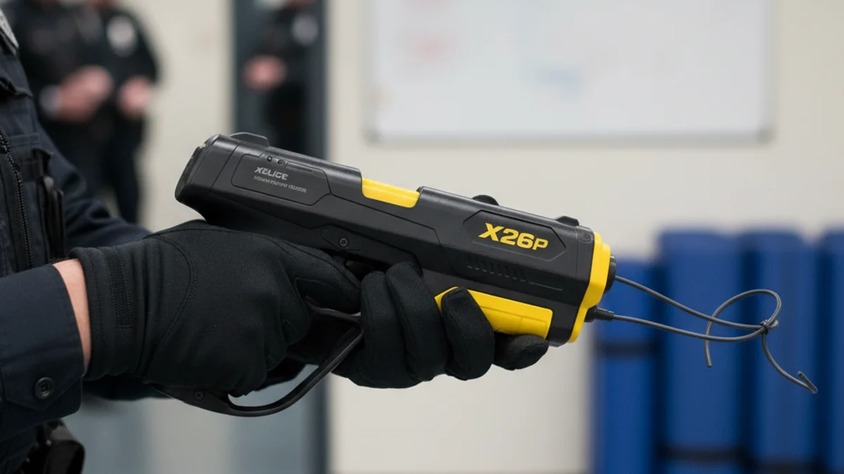 Imatge genèrica d'un dispositiu de defensa no letal en mans d'un agent de policia.