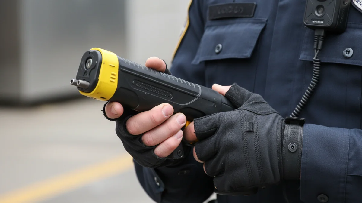 Imatge genèrica d'un agent de la Guàrdia Urbana amb un dispositiu elèctric i una càmera corporal.