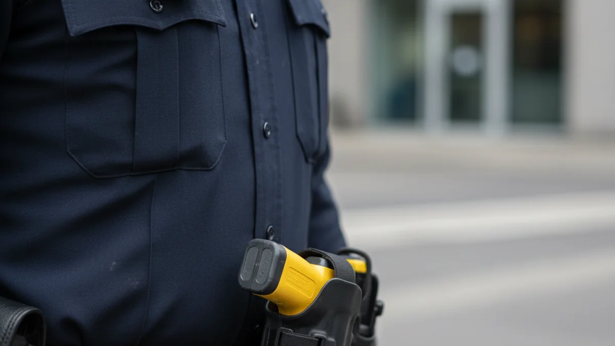 Imatge genèrica d'un agent de policia amb una càmera corporal i equipament de seguretat no letal.