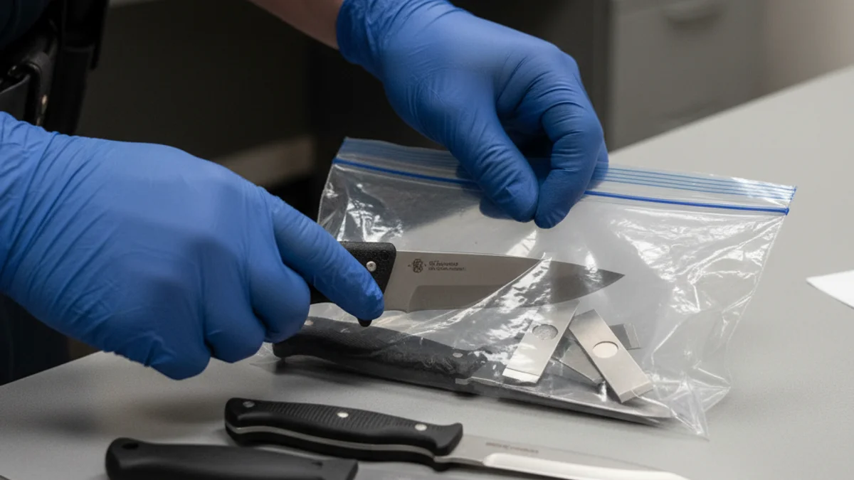 Imatge genèrica de mans policials manipulant objectes punxants confiscats en una bossa d'evidències.