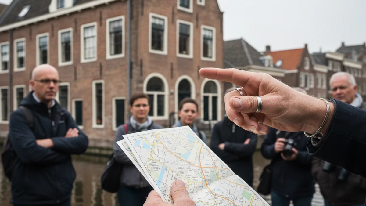 Una guia turística assenyala un edifici històric a Amsterdam, amb turistes borrosos al fons.