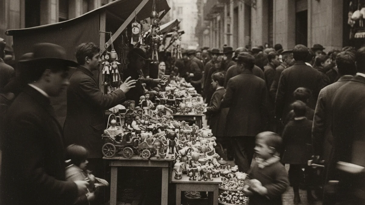 Il·lustració històrica d'una fira de joguines a finals del segle XIX amb gent comprant.