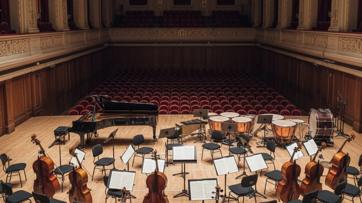 Una orquestra simfònica genèrica actuant en un teatre amb focus, sense cares reconeixibles.