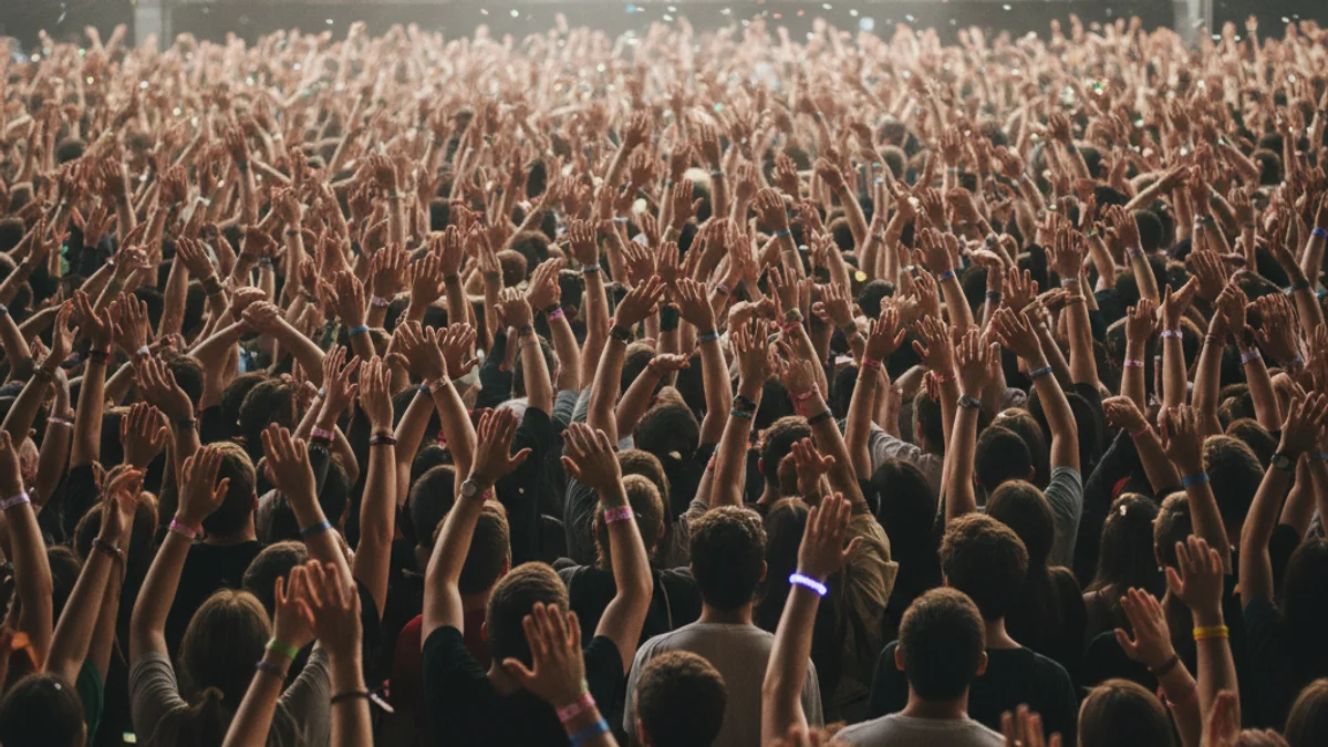 Imatge genèrica d'una multitud assistint a un concert, amb les mans alçades, sense cares reconeixibles.