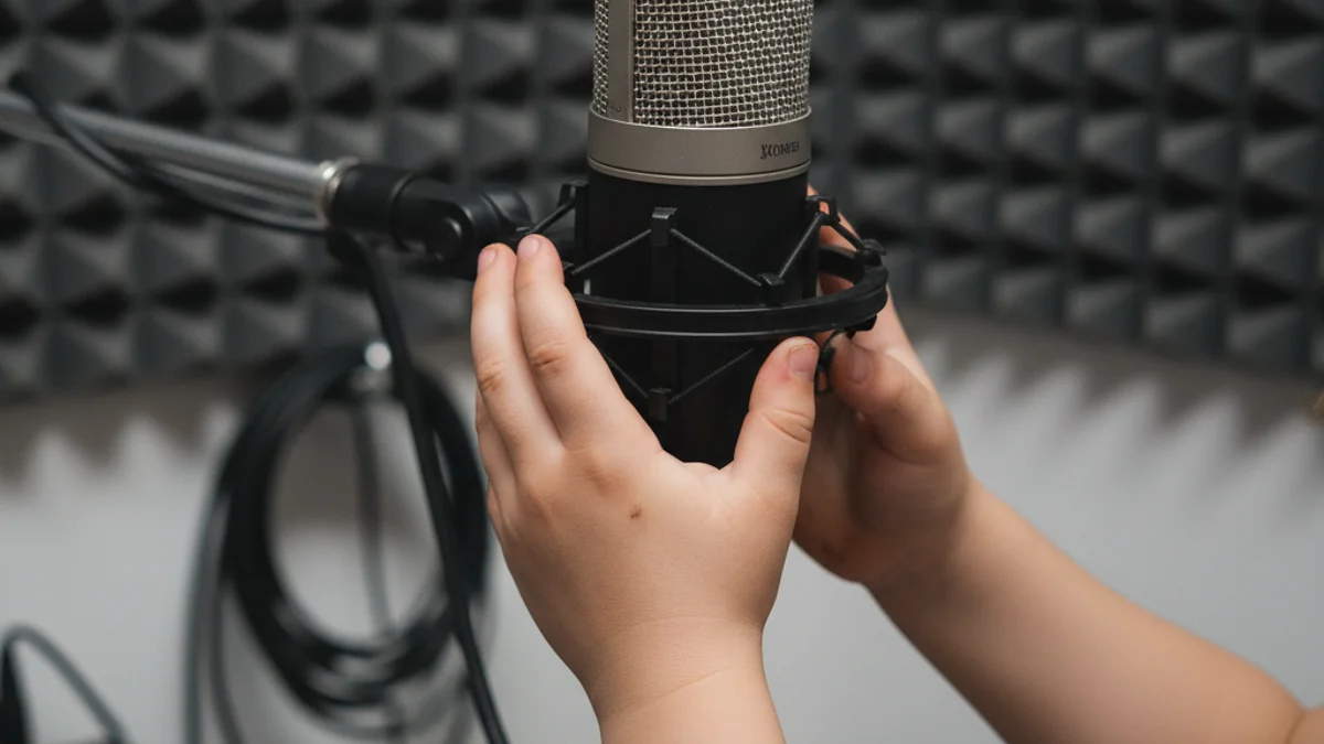 Imatge genèrica d'unes mans infantils subjectant un micròfon en un estudi de gravació.