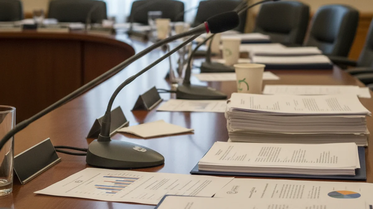 Imatge genèrica d'una taula de reunions d'un ajuntament amb documents i micròfons, simbolitzant un debat polític.