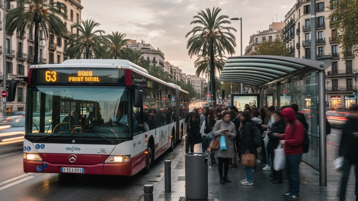 Imatge genèrica d'una parada de bus urbana amb gent esperant a Barcelona.