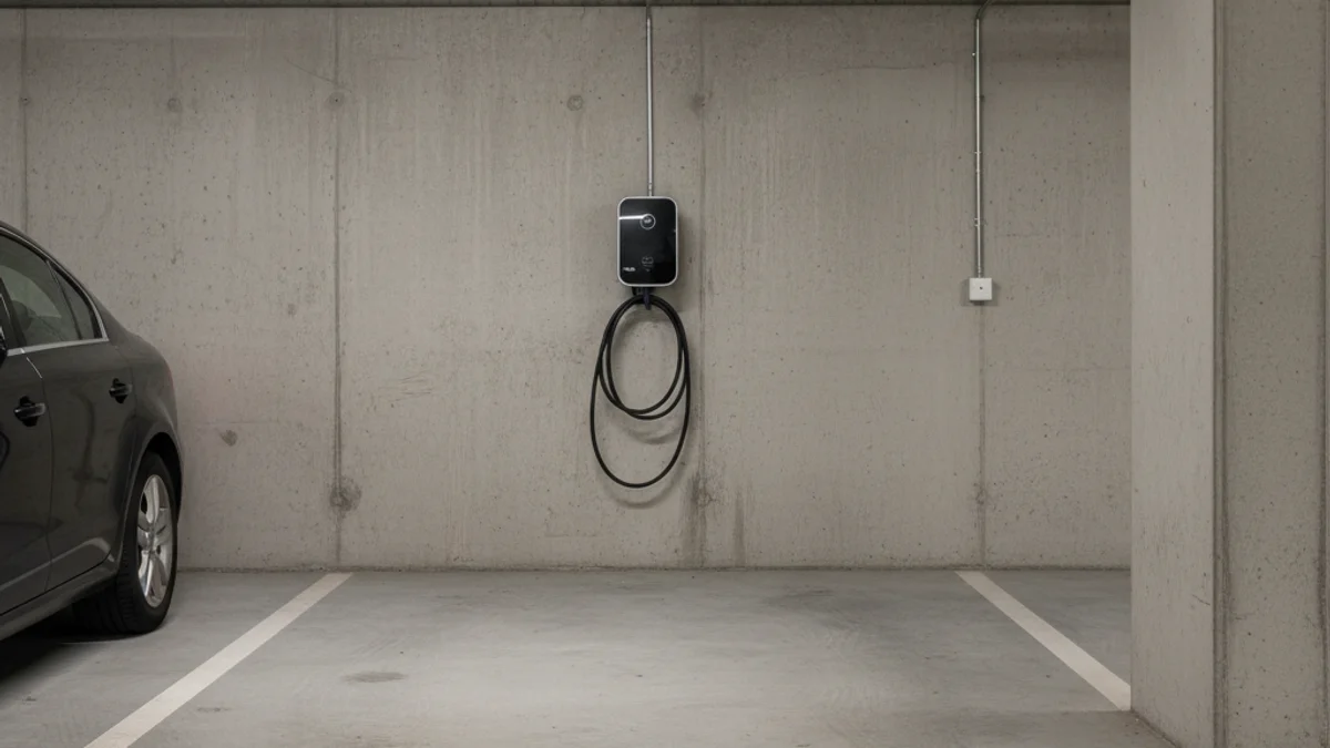 Imatge genèrica d'una plaça de garatge amb un punt de recàrrega de vehicle elèctric instal·lat a la paret.