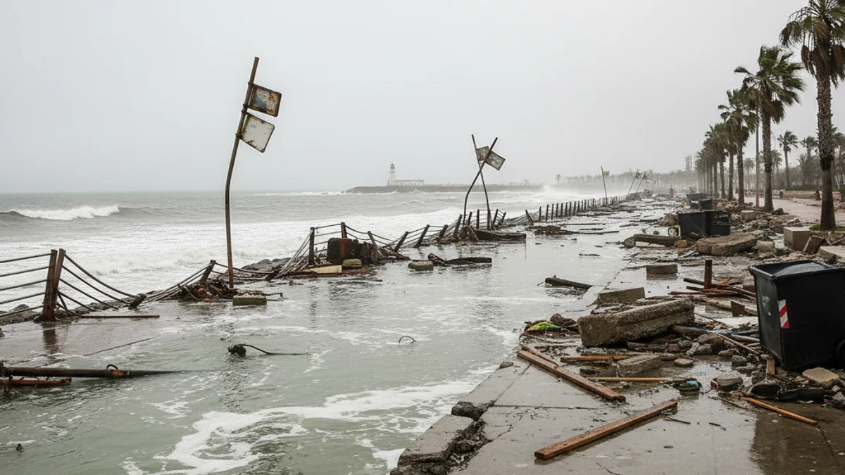 Imatge d'un passeig marítim inundat i danyat per l'embat de les onades durant una llevantada a la Costa Brava.