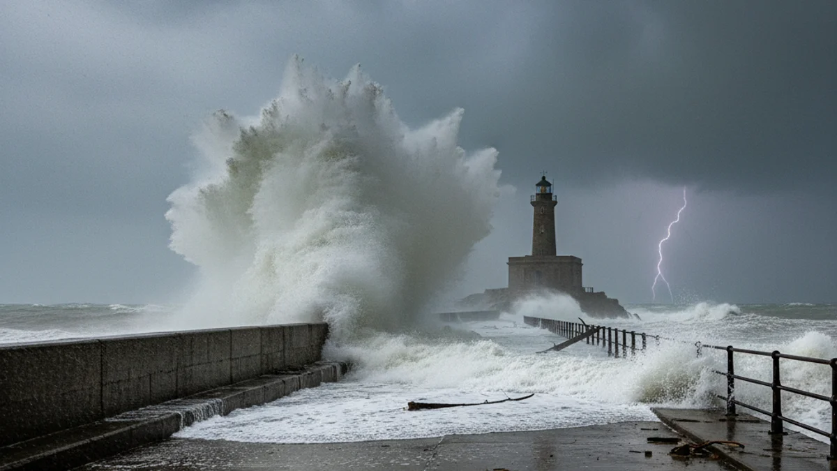 Imatge genèrica d'una tempesta amb pluja intensa i onades trencant a la costa.