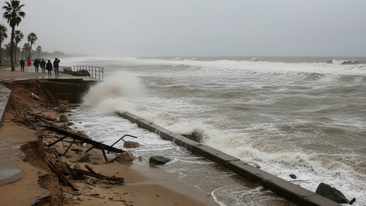 Imatge d'onatge fort impactant contra una platja erosionada o una barra de sorra inundada al Delta de l'Ebre.