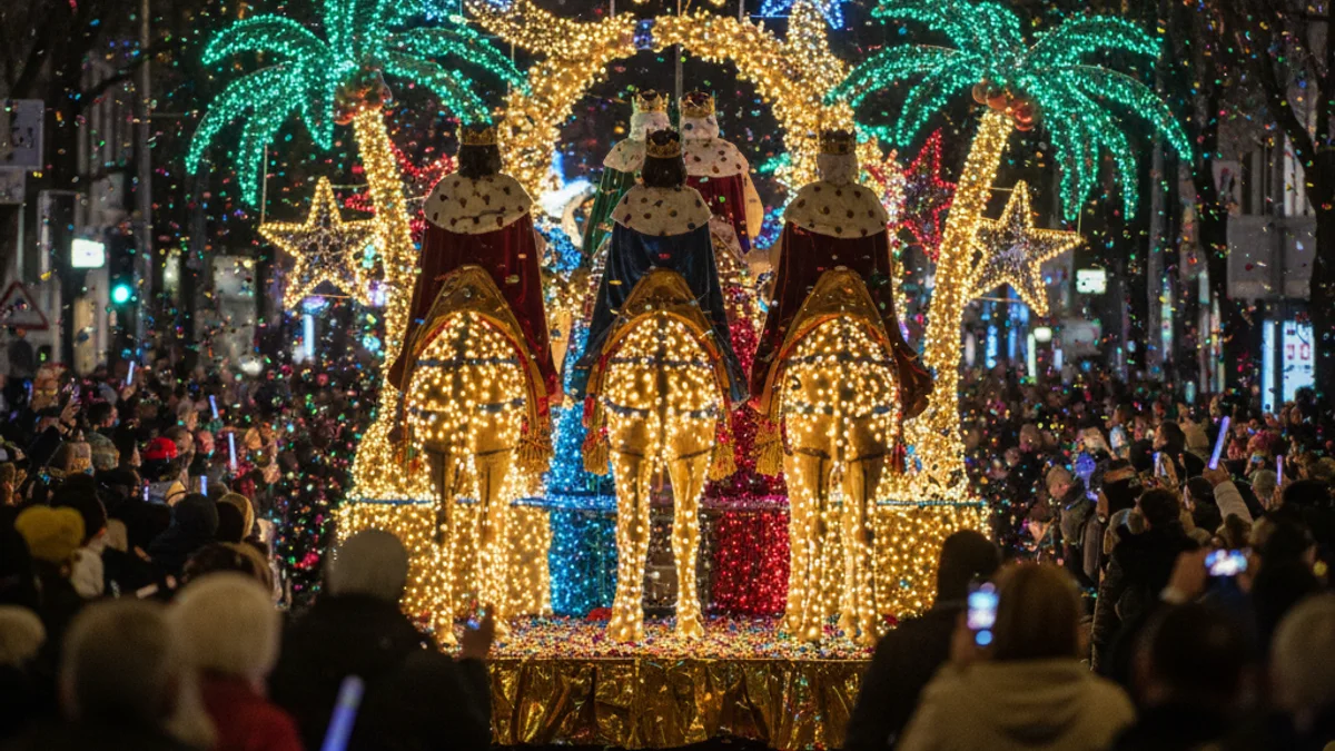 Imatge genèrica d'una carrossa de Reis d'Orient amb patges i nens observant l'arribada.
