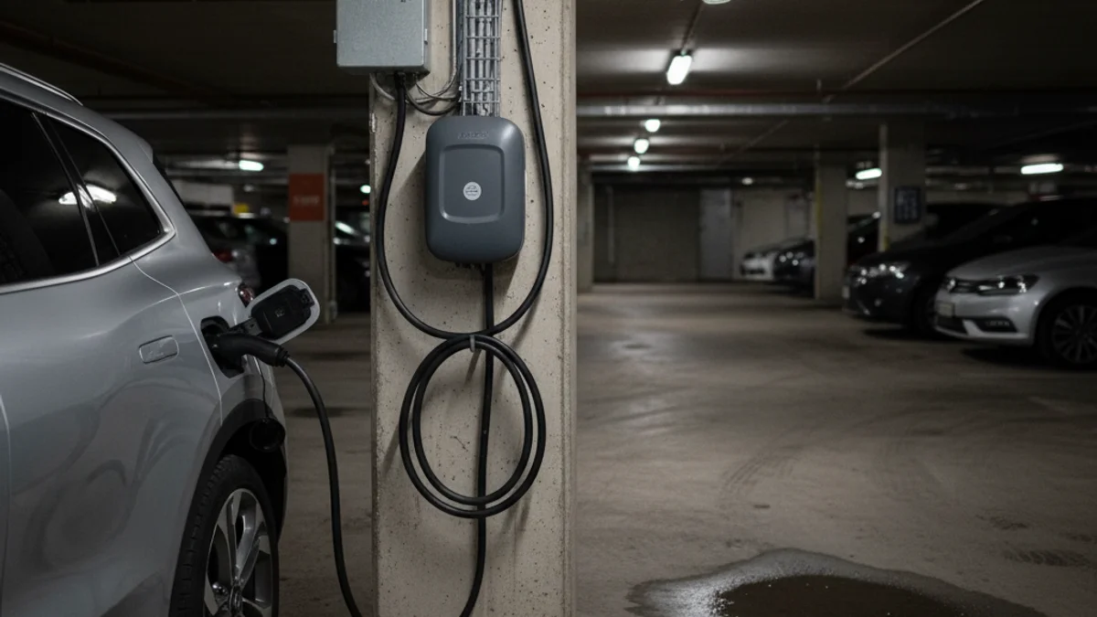 Imatge genèrica d'un aparcament subterrani amb un punt de recàrrega de vehicles elèctrics.