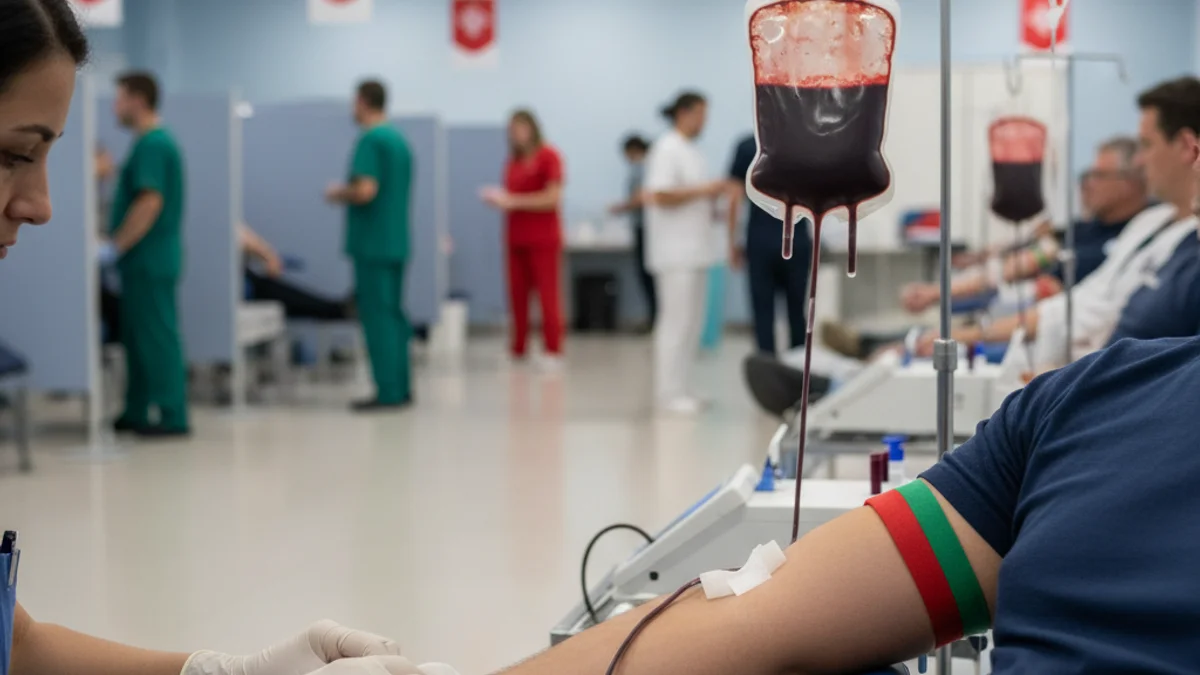 Imatge genèrica d'una campanya de donació de sang, mostrant personal sanitari i donants anònims.