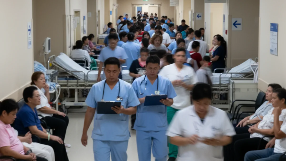 Imatge genèrica d'un passadís d'hospital amb figures borroses de personal sanitari i pacients, simbolitzant la saturació.