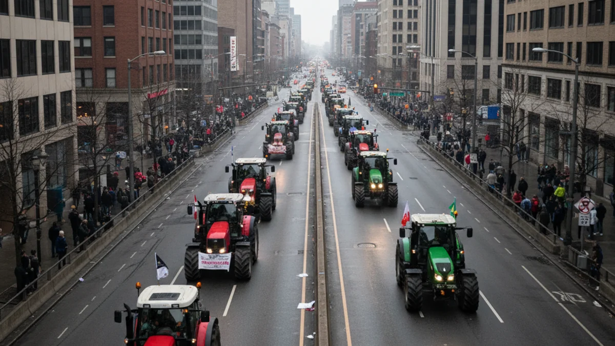Una trentena de tractors circulant lentament per una avinguda urbana durant una protesta agrícola.
