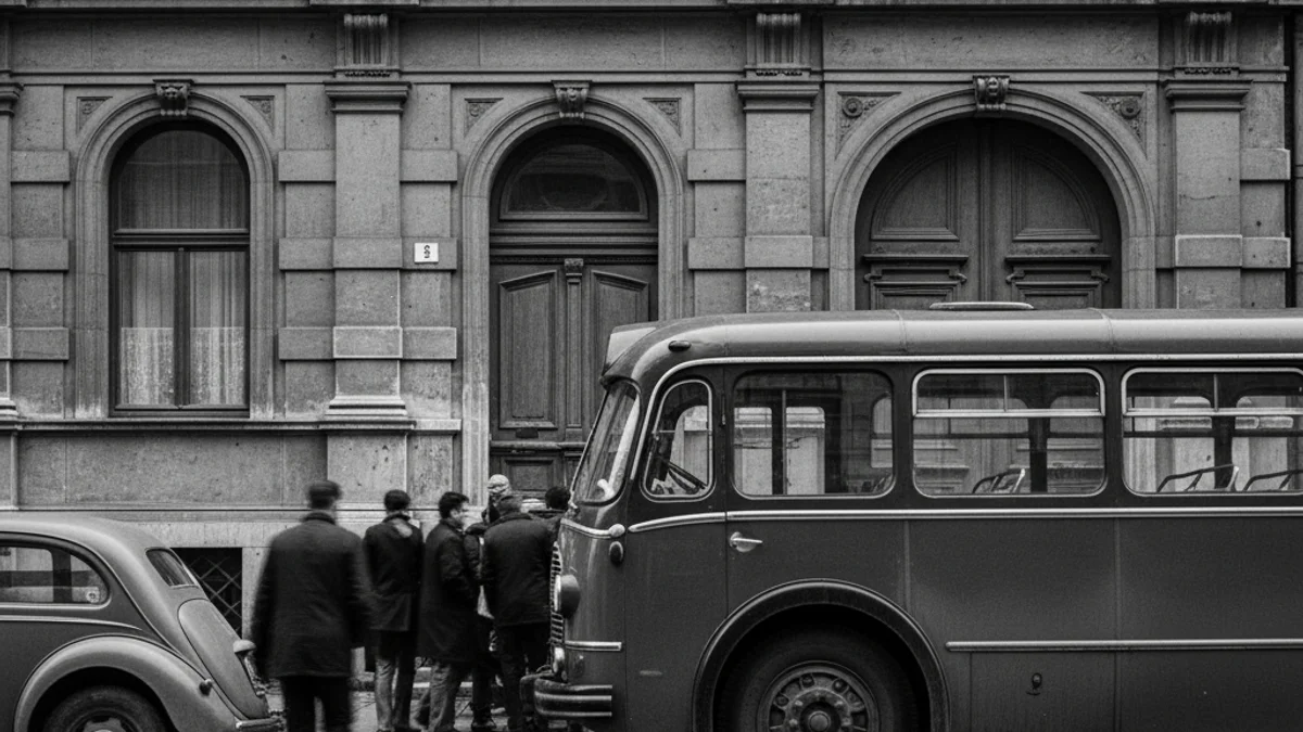 Fotografia antiga d'un carrer amb vehicles d'època i un edifici històric al fons.