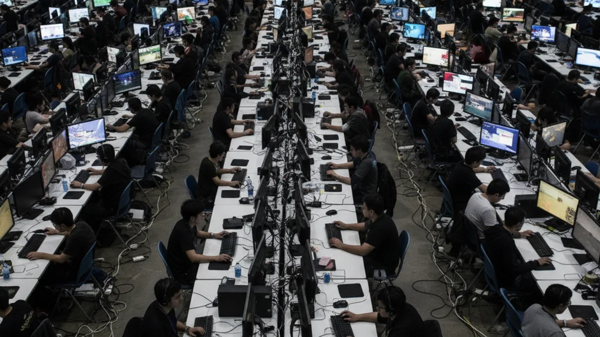 Vista general d'una sala plena d'ordinadors i participants en un esdeveniment de jocs tecnològics.
