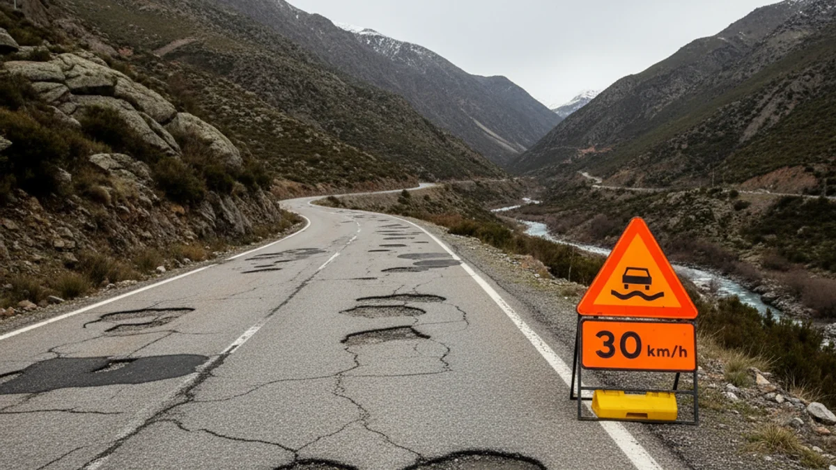 Estat de la carretera N-260 amb senyals provisionals d'advertència de sots i limitació de velocitat.