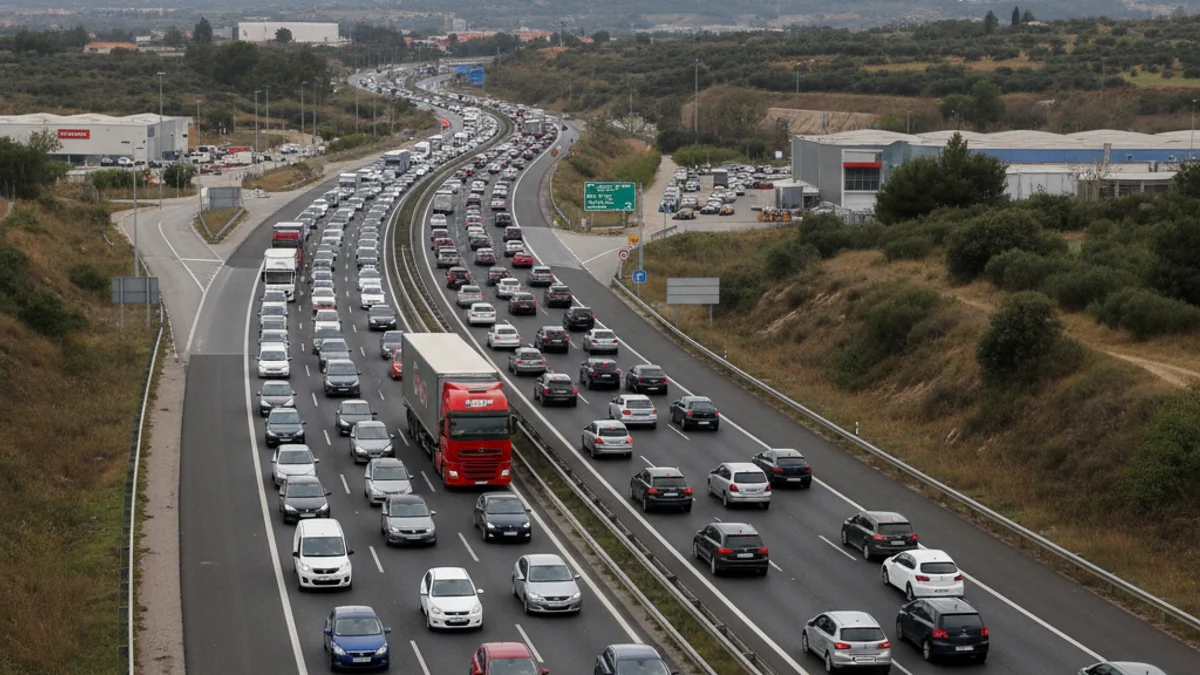 Imatge genèrica d'un camió circulant per una autopista amb trànsit dens, simbolitzant el risc viari.