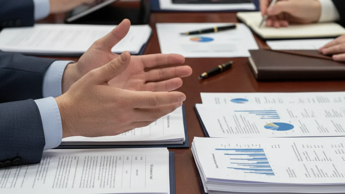 Representació abstracta de negociacions polítiques o econòmiques, amb documents i mans sobre una taula.