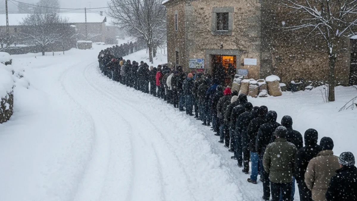 Imagen de una carretera rural cubierta de nieve con siluetas de personas comprando suministros durante un corte de luz.