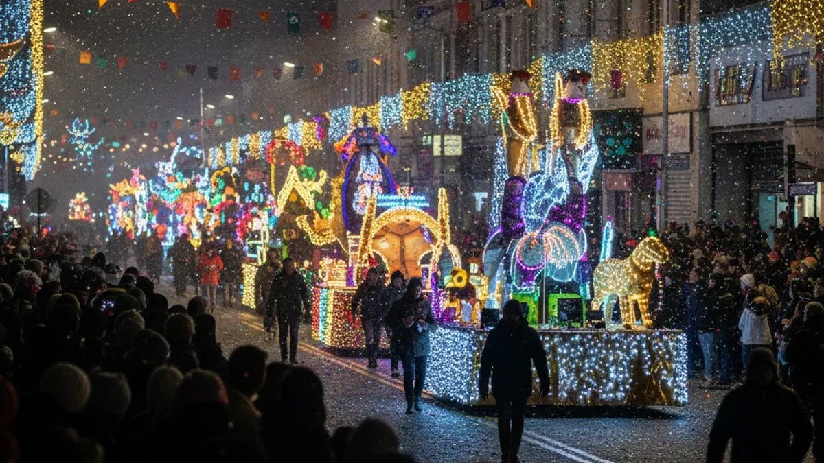 Vista nocturna d'una cavalcada de Reis amb carrosses il·luminades i una multitud de gent observant des de la vorera.
