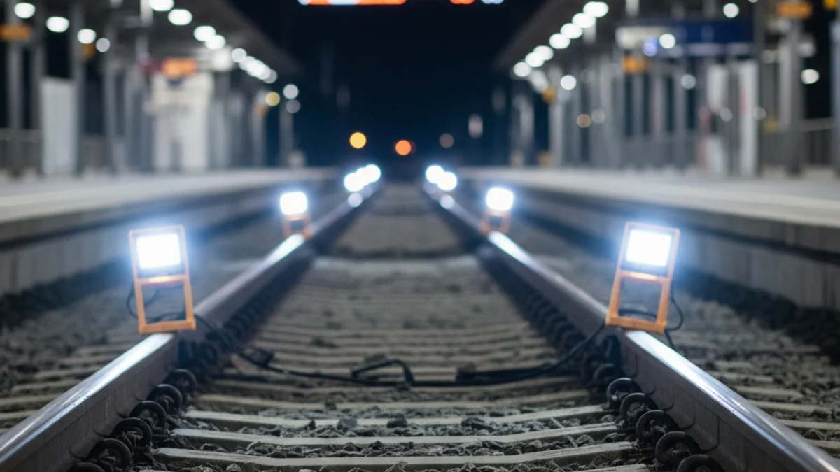 Imatge genèrica d'una via de tren amb senyals de restricció de velocitat o treballs d'inspecció.