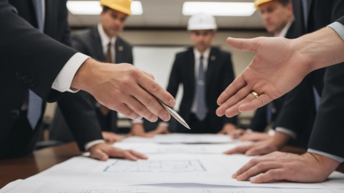 Representació genèrica de plànols arquitectònics d'un edifici públic en construcció.