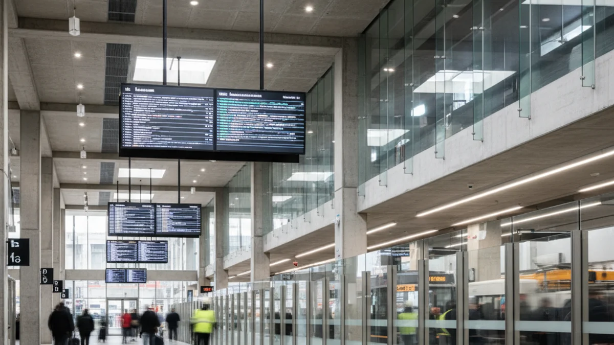Imatge genèrica de l'interior d'una estació d'autobusos moderna amb pantalles d'informació.