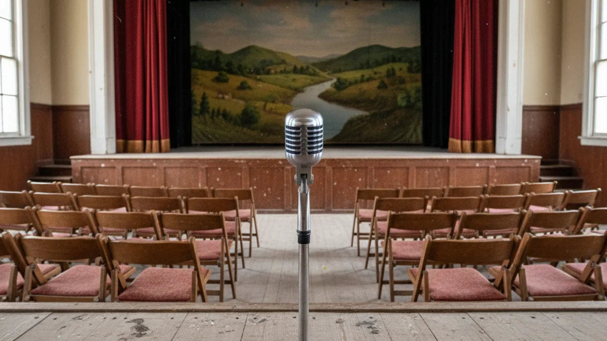 Imatge genèrica d'un teatre de poble amb un micròfon al centre de l'escenari, esperant l'espectacle.