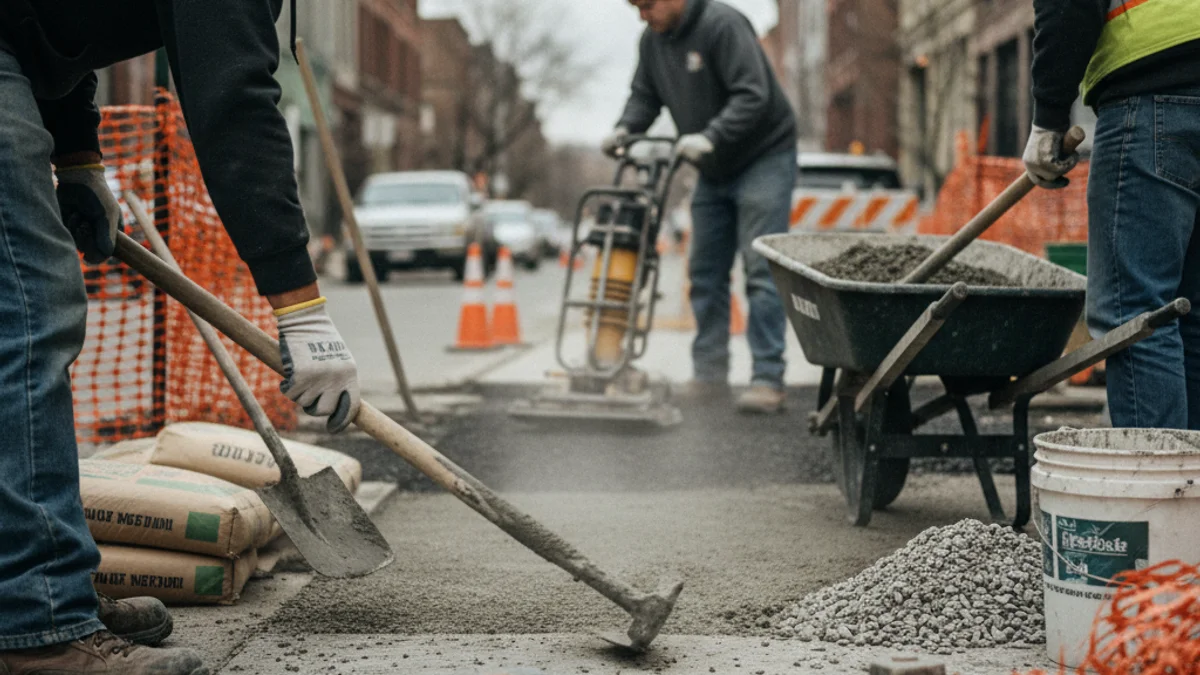 Treballadors municipals reparant una vorera amb ciment i eines en un carrer de la ciutat.