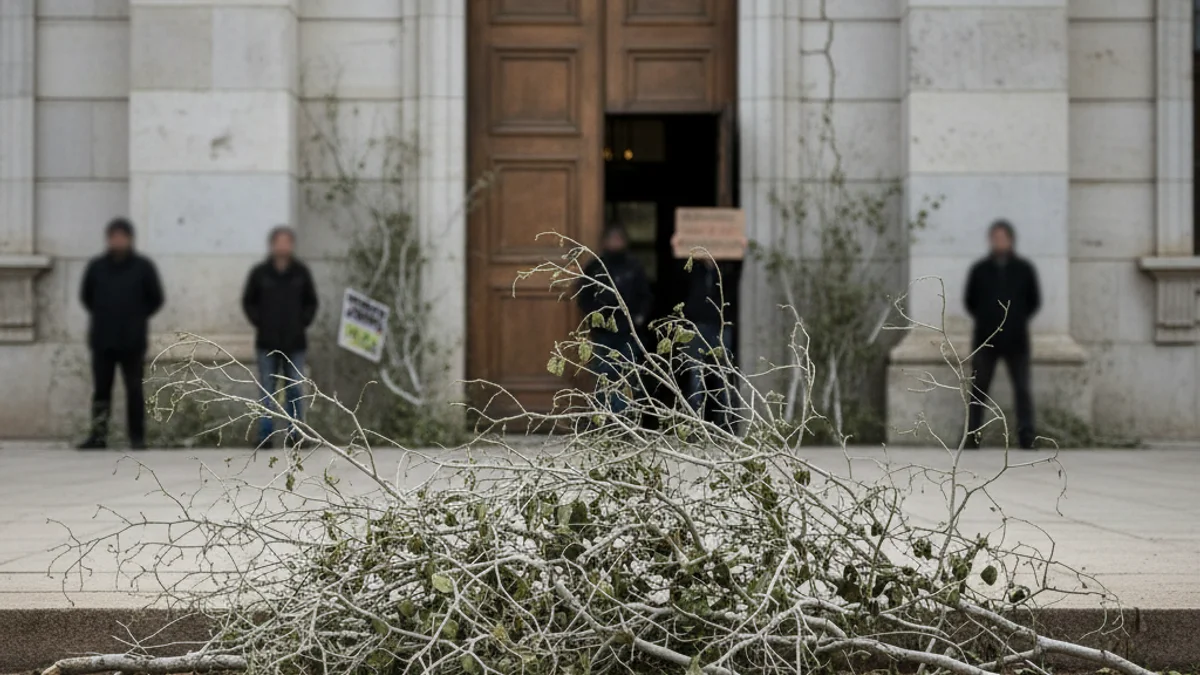 Branca d'avellaner sec i mort dipositada a terra davant d'un edifici administratiu, amb figures borroses de manifestants al fons.