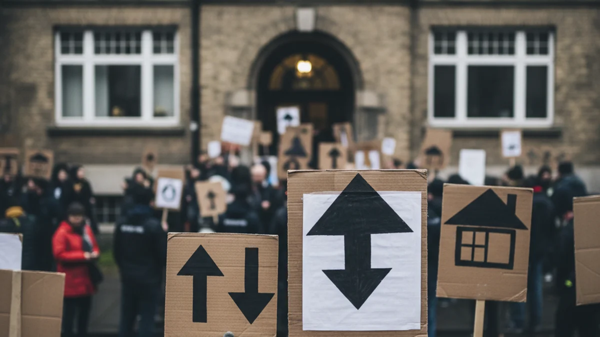 Grup de persones manifestant-se davant d'un bloc d'habitatges, amb pancartes sobre el dret a l'habitatge social.